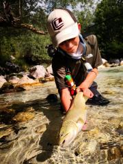 Eben, Otto and Andrew fly fishing Slovenia July, marble dry fly